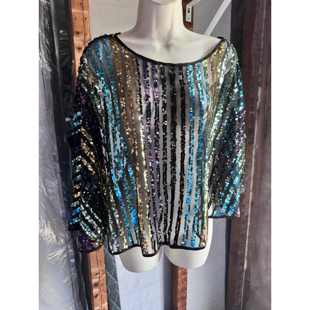 MSK Women XL Sequin Mesh Poncho Multi Color Striped Sheer Party Evening Blouse